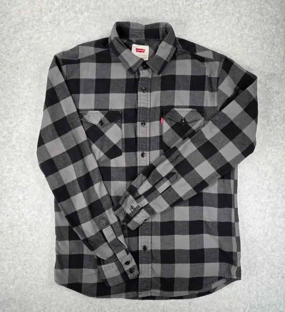 Levi's Men's Plaid Flannel Button Up Shirt Gray Black Buffalo Check Size S Small